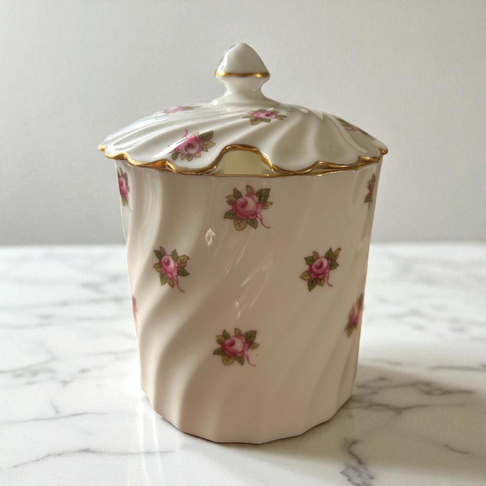Vintage Porcelain Covered Sugar Bowl with Pink Rose Pattern